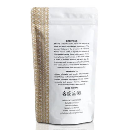 Back view of ayurvedic moringa hair mask pouch showing product details