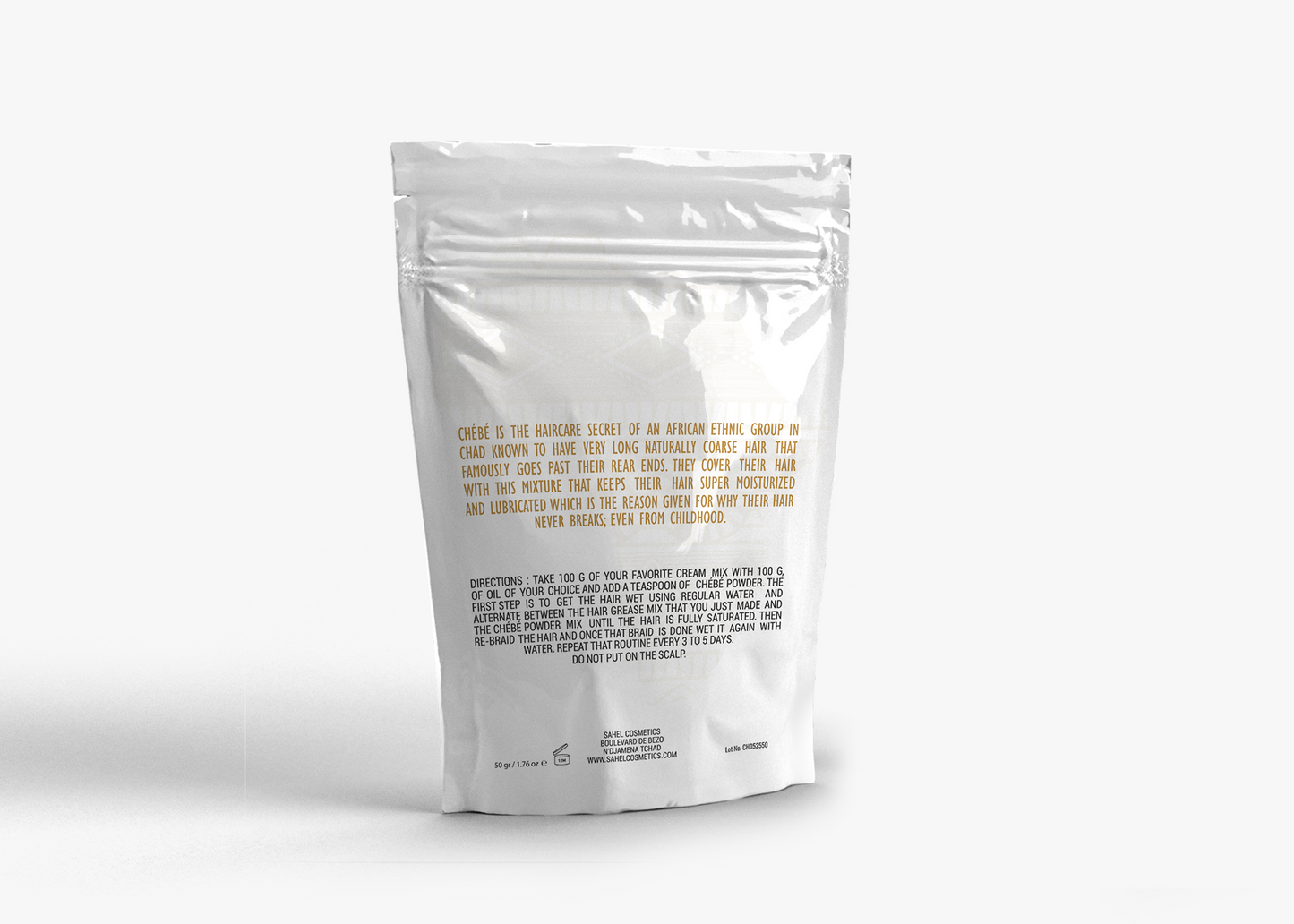 Chebe powder back packaging showing ingredients and directions for use