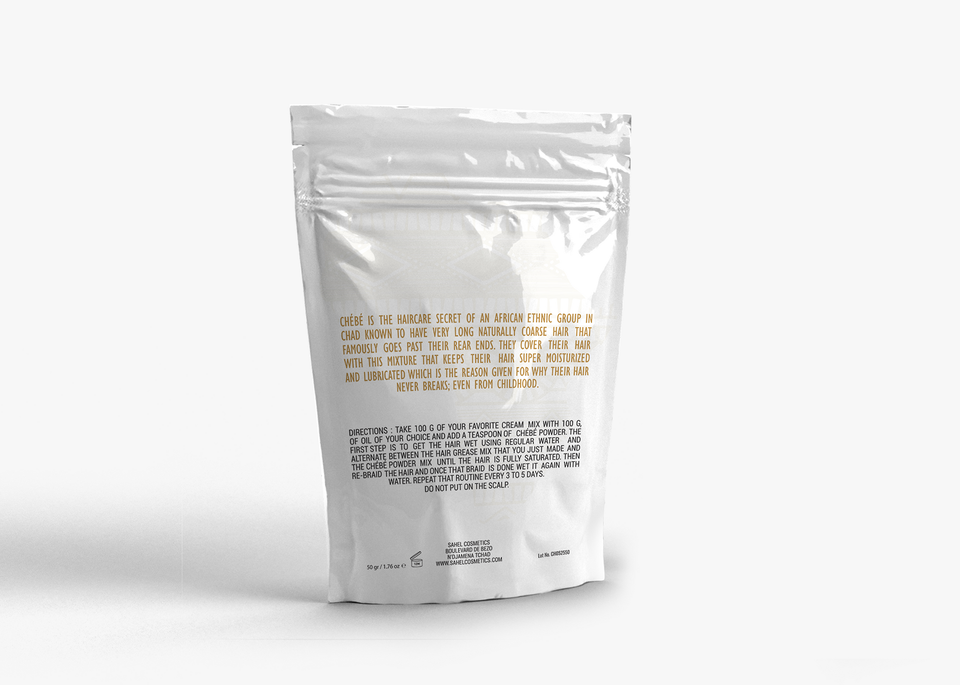 Chebe powder back packaging showing ingredients and directions for use