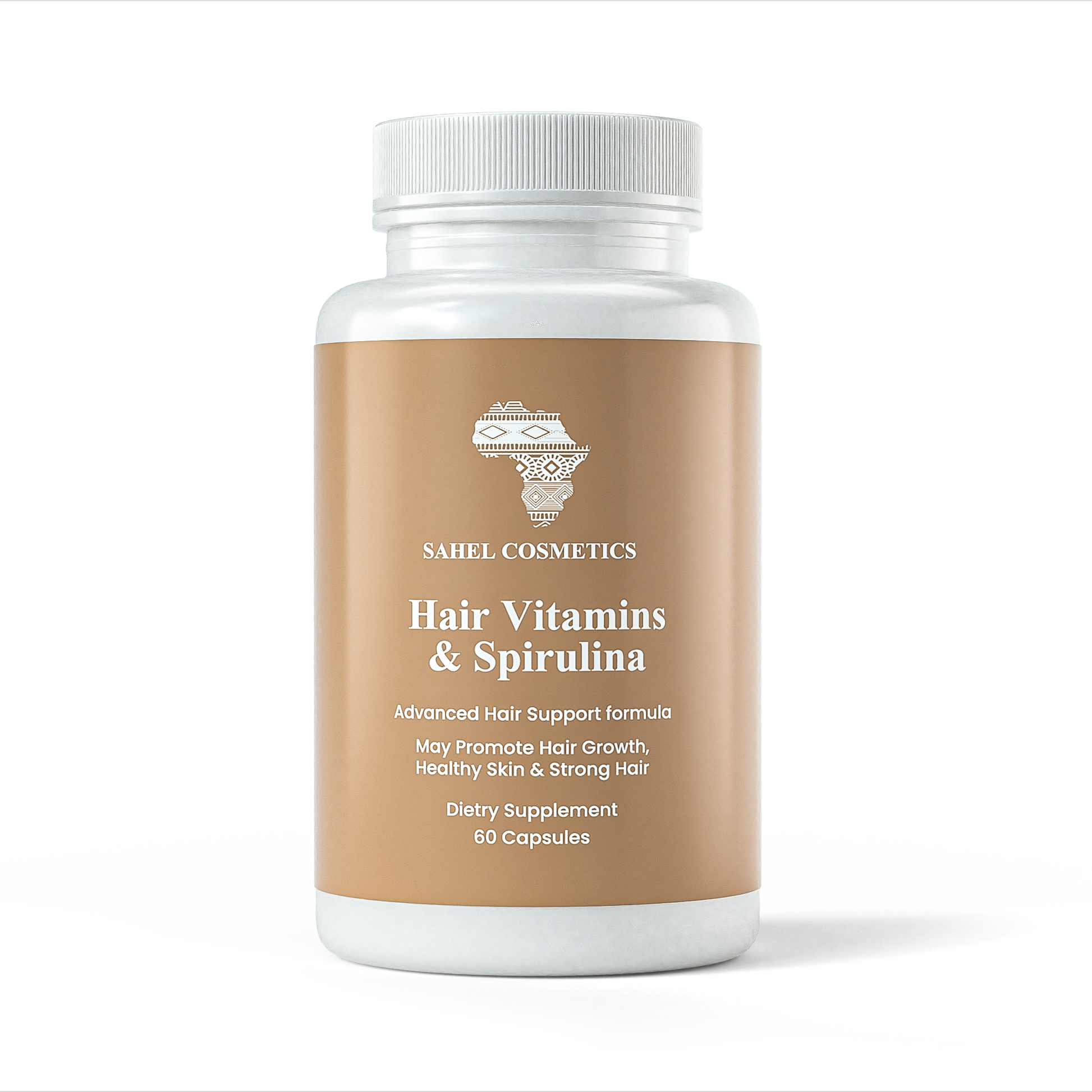 Hair vitamins with spirulina supplement bottle by Sahel Cosmetics