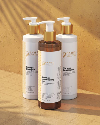 Sahel Cosmetics moringa conditioning oil pump bottles grouped together